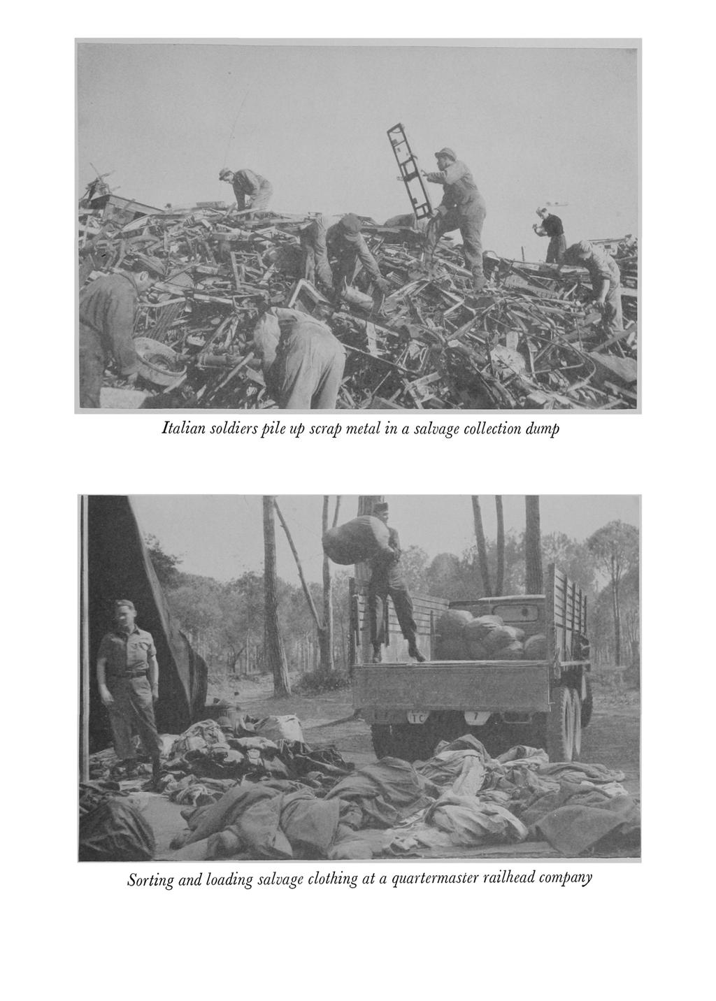 Italian soldiers pile up scrap metal in a salvage collection dump
