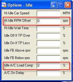 Edit Idle A/C Load Comp and/or Idle Extra <12 Volt Options, as in Figure 6, to zero (0) percent. d.