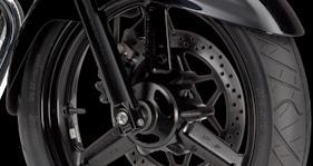Each brake is mounted to three-spoke case wheels shod with tubeless, radial tires.