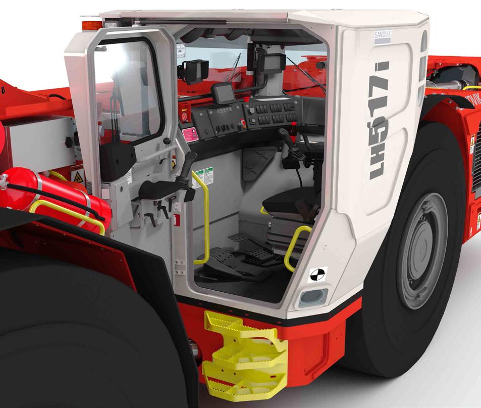 OPERATOR'S COMPARTMENT The Sandvik LH517i cabin offers superior operator ergonomics through increased leg space and improved pedal position to reduce operator fatigue.