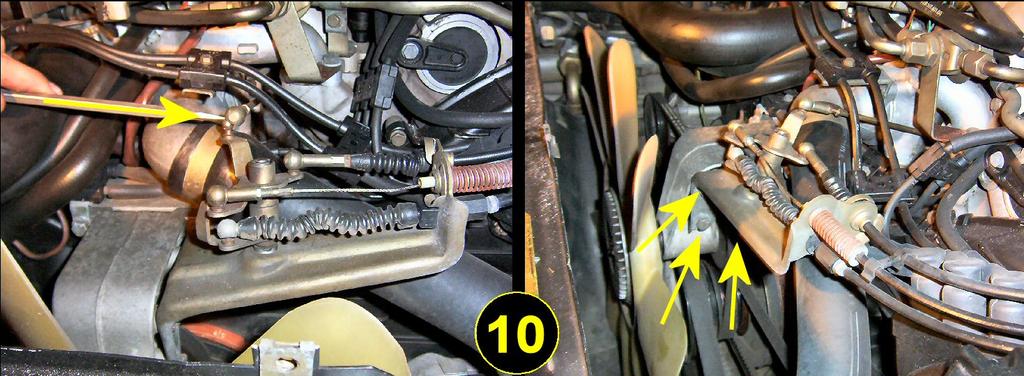 Then remove the three 13mm bolts that hold the throttle cable bracket to the side of the fan mounting bracket, and swing the throttle cable assemblies to the side.