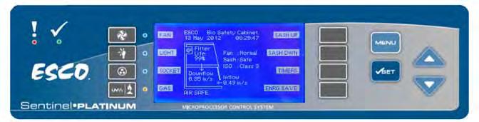 EC2 Sentinel TM Platinum Microprocessor Controller Cabinet status summary (safe / unsafe). Fixed touch pad buttons to control primary functions.