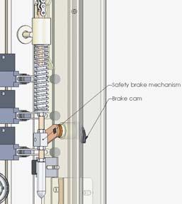 If a chain failure occurs, the brake mechanism comes down (Figure 9) and the brake cam stops the platform.