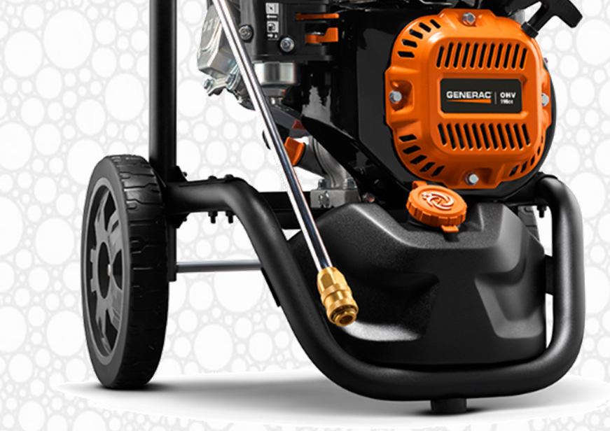 8 gallon fuel capacity Better lubrication Horizontal axial cam pump Easy access hose connections Oversized never-flat wheels Easy transport on rugged terrain and up stairs 25