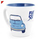 Part #: AC-000-203 Fiat 500 yellow ceramic spaccato mug with blue Fiat car and letters with white interior.