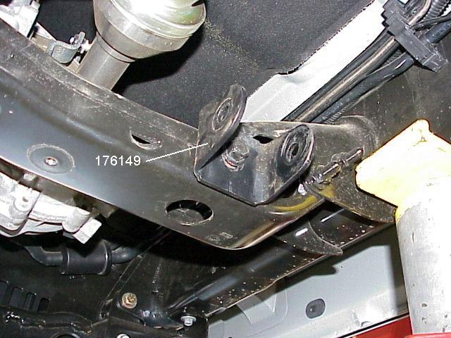 5) Attach drop bracket 176244 to the bottom of the frame rail with the original screws (if applicable) or the self-tapping screws from hardware kit 860456. Tighten the 12mm bolts to 75 ft.