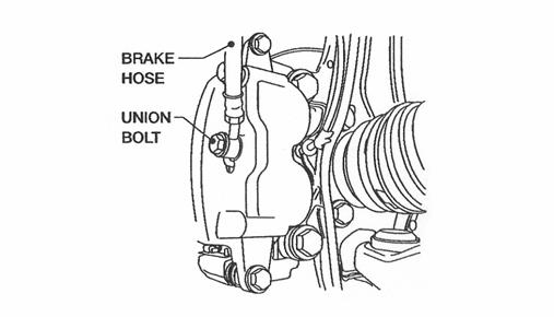 6. Insert brake hose through bracket. Secure hose to bracket with locking plate. 7. Attach brake tube to hose. Tighten flare nut securely. 8. Repeat for other side. 9. Bleed the front brakes.