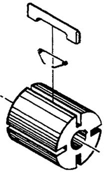 Place the two woodruff keys in the key slots of the motor shaft and assemble the rotor and cylinder onto the motor shaft. Install the rotor vane springs and rotor vanes into the rotor slots.
