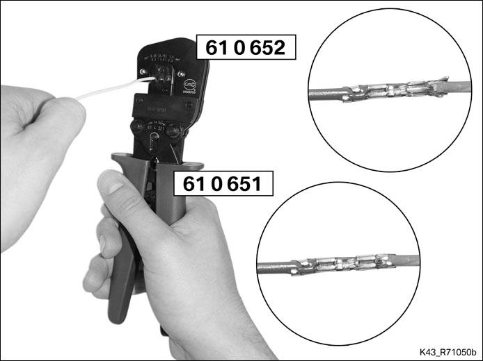 Use crimping pliers (No. 61 0 651) and crimping head (No. 61 0 652) to crimp on the connectors.