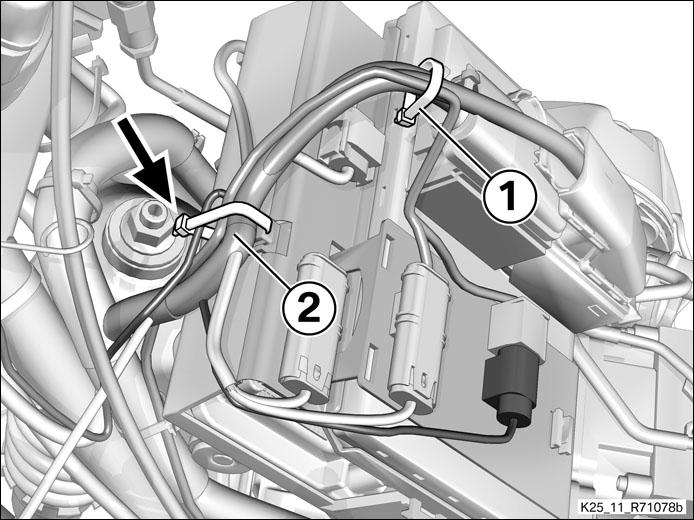 (-) Wiring-harness routing for left LED auxiliary headlight Route cable (1) forward along fairing