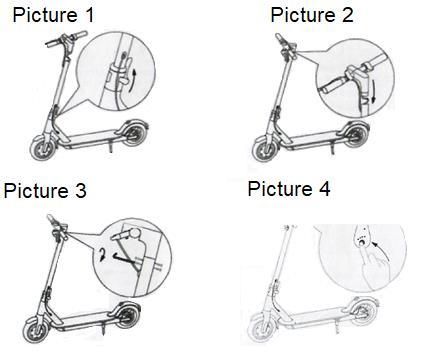 ASSEMBLY 1. Secure the main tube. (Pic. 1) 2. Install the crossbar on main tube. (Pic. 2) 3. Use hex wrench to lock both screws. (Pic. 3) 4. After installation try to turn on the scooter. (Pic. 4) CHARGING 1.