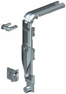 Corner hinge mounting with safety clip simply clip on Corner drive with integrated shift lock Pre-tightening Tilt arrester (anti-slam device) Side adjustment The new corner drive is seen to be