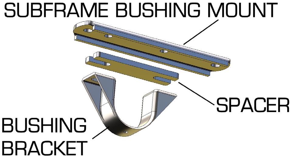 Due tolerances in subframes, you may need to install one or two 1/8 spacers between the bushing and the subframe bushing mounts.