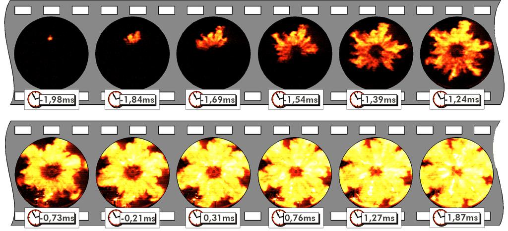 Due to the optimized arrangement of the holes in the nozzle, a fast flame propagation around the nozzle is achieved within 1 ms. Figure 6 shows a spark ignited combustion.