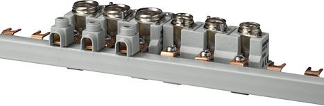 NEOZED fuse base made of molded plastic on three-phase busbar with pin-type connection which can be
