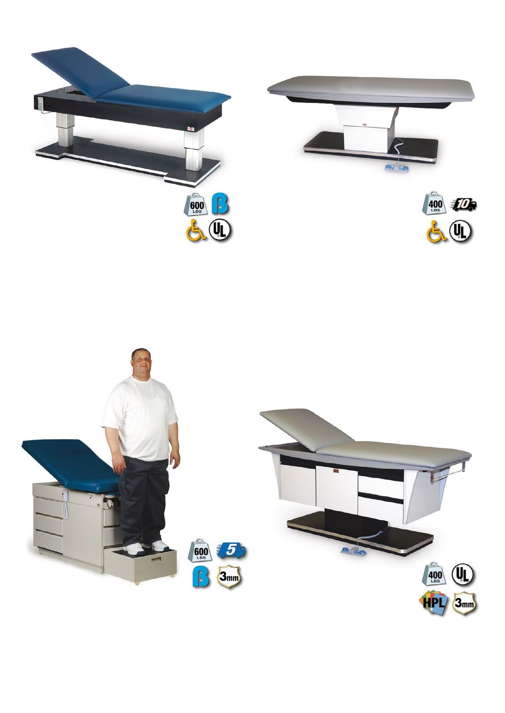 TREATMENT/EXAM TABLES A. Model 4795 A. Model 4795 Bariatric Hi-Lo Treatment Table with Power Backrest Extra-wide 32 top. Power height elevation from 21 wheelchair height to 30 high.