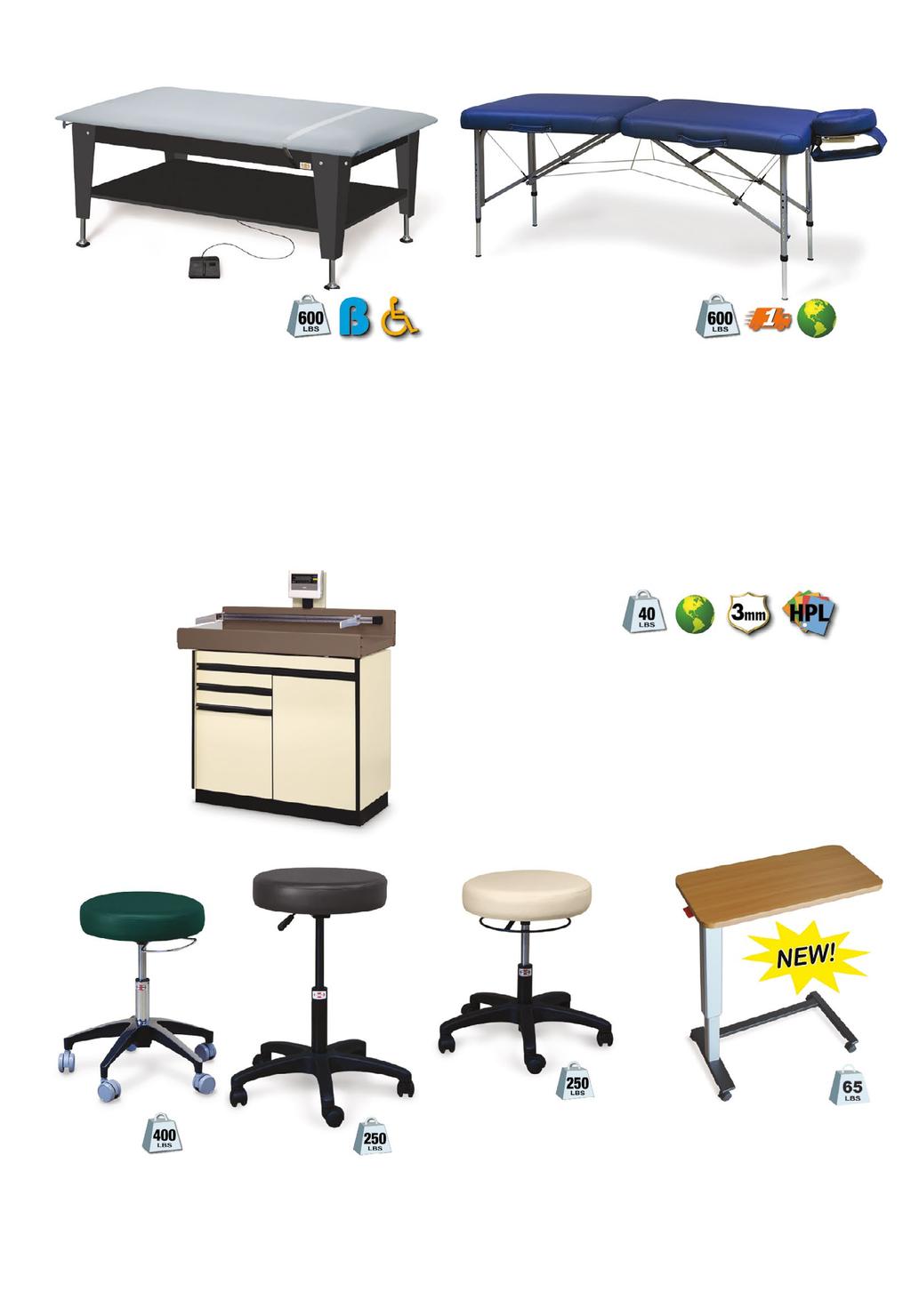 TREATMENT TABLES/STOOLS A. Model 4723 A. Model 4723 ADA Hi-Lo Power Plinth Table 72 L x 30 W Motorized table lowers to 20 for wheelchair transfer. Elevates up to 30 high.