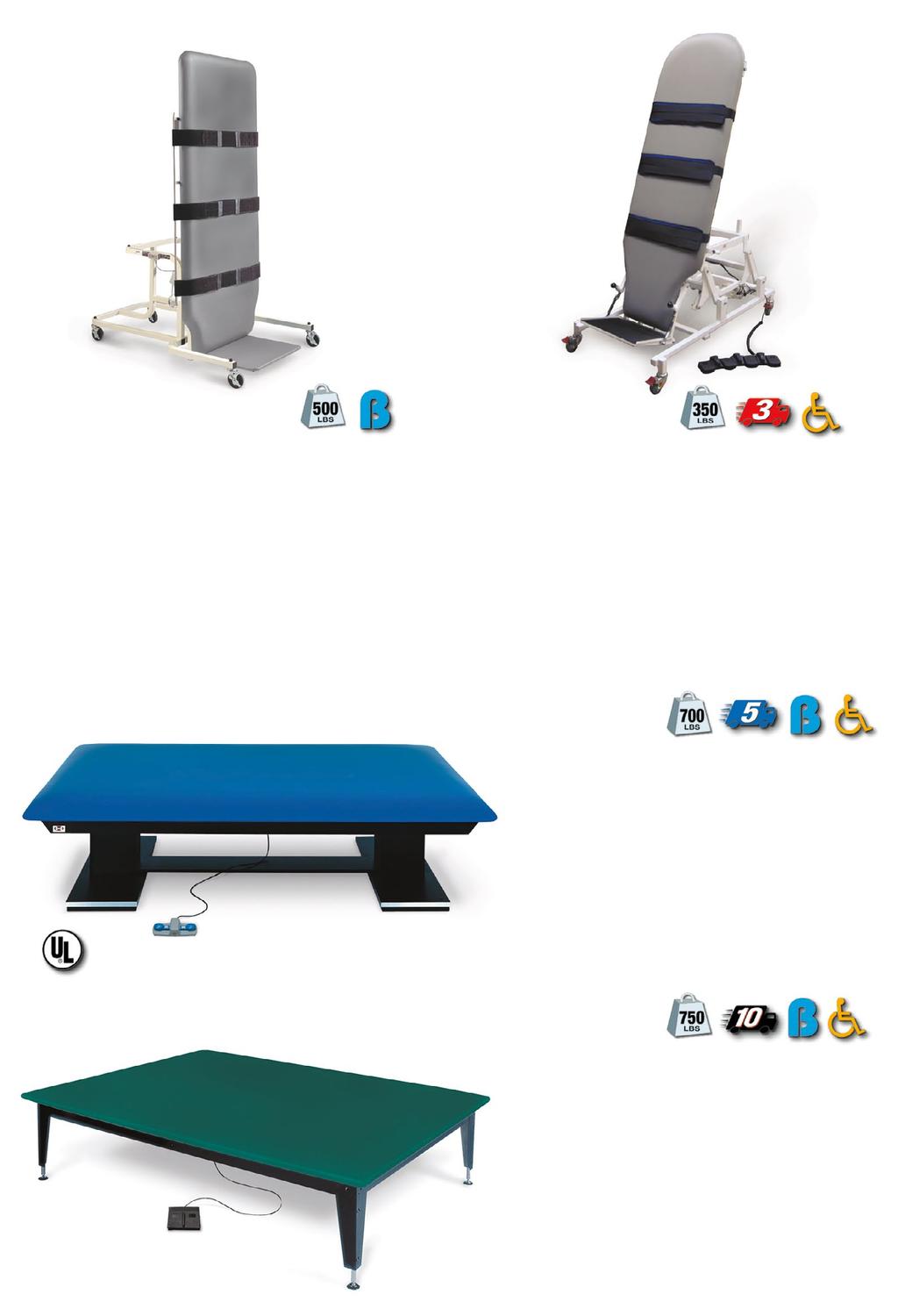 TILT TABLES/MAT PLATFORMS A. Model 6045 B. Model 6058 A. Model 6045 Bariatric Electric Tilt Table Extra-wide 34 x 77 long top upholstered in 709 Gray vinyl with 2 thick high-density urethane foam.