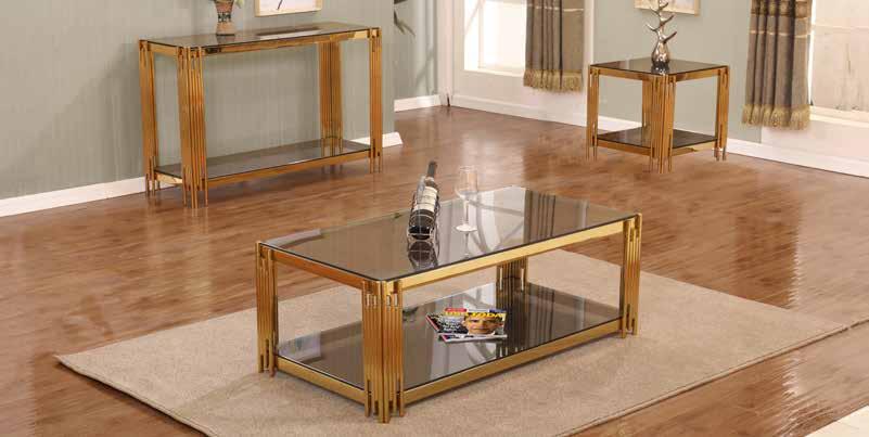 Steel Gold & Smoke Glass Coming SOON CT126 189 Coffee Table 47 L x 32 W x 17 H CT127 109 End Table 22 L x 22 W