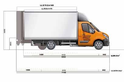 Dimensions BOX VAN DIMENSIONS (MM) FWD RWD LL35 LL35 LLL35TW Wheelbase 4,332 4,332 4,332 Overall length 6,662 6,662 7,142 Front overhang 842 842 842 Rear overhang 1,488 1,488 1,968 Front track 1,750