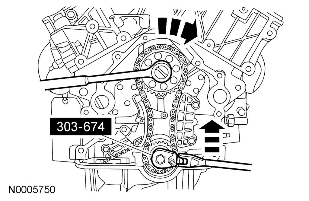 303-01A-6 303-01A-6 9. Install the primary chain tensioner and the 2 11. Loosely install the camshaft sprocket bolt. bolts. Tighten to 9 Nm (80 lb-in). 12.