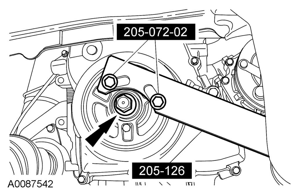 303-01A-8 303-01A-8 10. CAUTION: Failure to hold the crankshaft pulley in place while tightening the bolt can cause damage to the engine front cover.