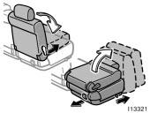 Moving second seat for third seat entry Folding up second seat After returning the seat, make sure the seat is securely locked by pushing forward and rearward on the top of the seatback and by