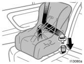 Do not put a child restraint system on the second (or third) seat if it interferes with the lock mechanism of the front (or second) seats.