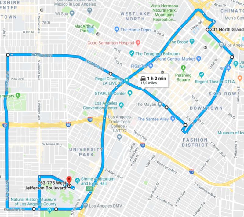 The Los Angeles Route started and ended at the parking lot from the University of Southern California s (USC s) Religious Center. The complete route is approx. 15.2 miles in distance long.