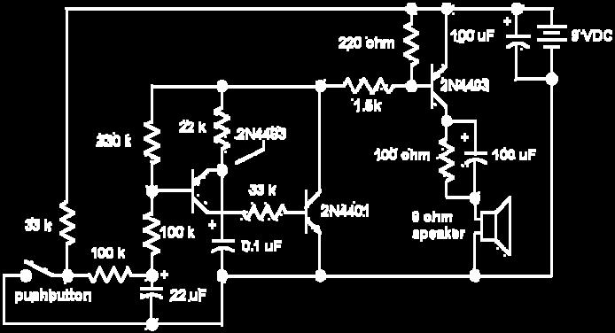 The heart of the circuit is the two transistor flasher with frequency modulation applied to the base of the first transistor.