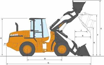 GENERAL DIMENSIONS 521E XT DIMENSIONS A Height to top of ROPS cab B Wheelbase C Ground clearance D Angle of departure Width - overall* w/o bucket - centerline tread Turning radius* - outside Turning