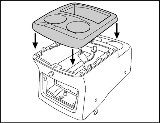 12. INSTALLATION Fig. 30 30. Reinstall the cup holder panel into the center console. Fig. 31 31. Locate passenger side access hole in carpet between front seats.