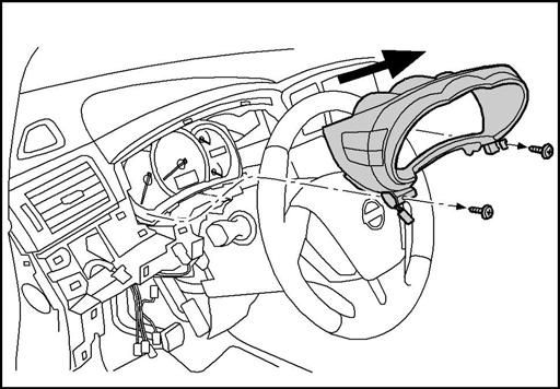Carefully remove dash trim panels on both sides of steering wheel. Disconnect one (1) connector on left panel and two (2) connectors on right panel. Fig. 47 47.
