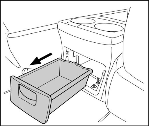 11. INTERIOR PREPARATION Fig. 15 15. Prepare to remove center console. Pull storage drawer out from front of console. Press in release clip above drawer inside console to fully remove.
