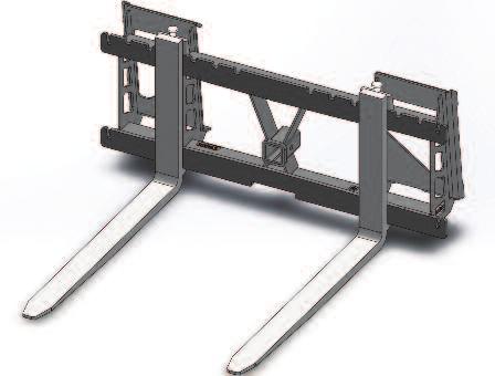 Compatible with John Deere and kid teer Quick Attach loaders (Kubota, Yanmar and Bobcat) Lifts pallets up to 3000 lbs 3" adjustable fork spacing from 10" to 40" width Chain slots in all four corners