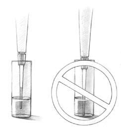 Immerse the Tip to the Proper Depth Pipette Immerse the tip 2 to 5 mm below the meniscus and well clear of the container walls and bottom during sample aspiration.