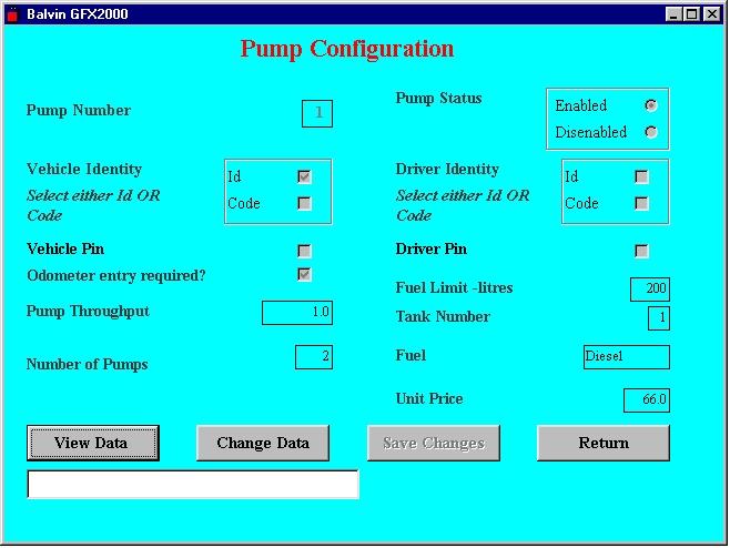 Pump Configuration There are several combinations that you could set for each pump. The default is Vehicle Id and Mileage entry with a maximum of 200 litres per transaction.