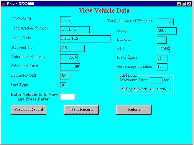 An account number may be assigned to a vehicle or group of vehicles, which need not be contiguous. Enter the Vehicle Id to edit the data of the desired vehicle.