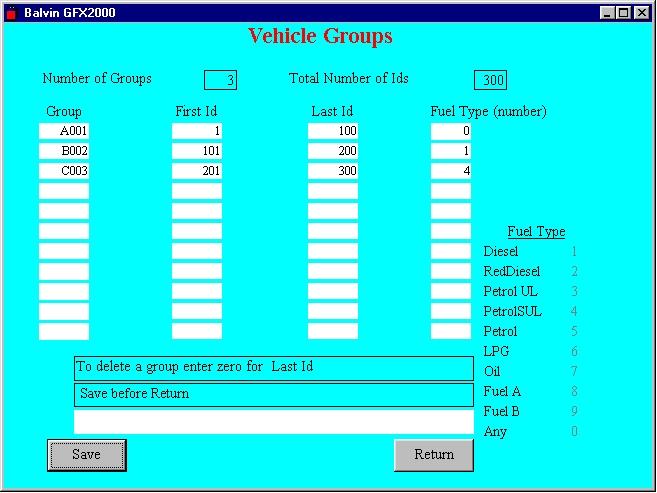Odometer Limit Odometer Unit (M or K) Lockout (No or Yes) PIN MPG figure Percentage Variation Account No(max 6 Char) Fuel Limits Day Week Month Card Number the maximum allowable mileage between two