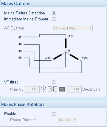 Edit Configuration - Mains 4.8 MAINS = Only available on DSE7220 / DSE7320 AMF Modules The mains page is subdivided into smaller sections. Select the required section with the mouse. 4.8.1 MAINS OPTIONS If three phase loads are present, it is usually desirable to set this parameter to to enable Immediate Mains Dropout.