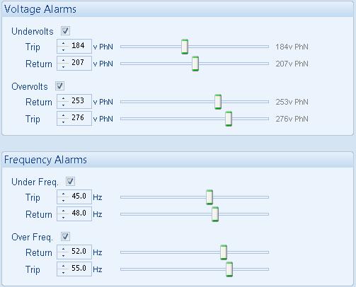 Edit Configuration - Mains 4.8.2 MAINS ALARMS Click to enable or disable the alarms. The relevant values below will appear greyed out if the alarm is disabled.