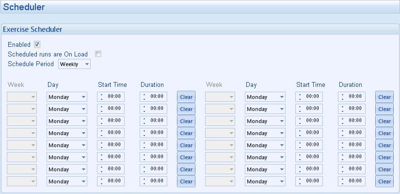 Edit Configuration - Scheduler 4.12 SCHEDULER The Exercise Scheduler is used to give up to 16 scheduled runs.