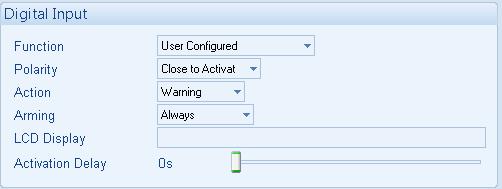 Used as a Digital Input Type the value or click the up and down arrows to change the settings Select the required function of the input and whether it is open or close to activate.