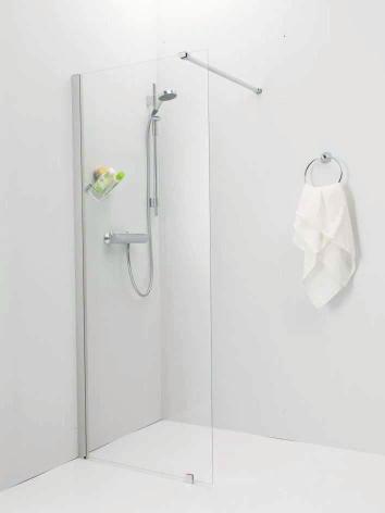 Showers IDO Showerama 8-20 A simple and functional, fixed shower wall. A curtain rail included, functions as a stabilizer. Profile: brushed aluminium Height: 1950mm.