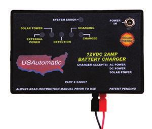 9 Installing the Power Source (AC or Solar) The USAutomatic smart charger / charge controller can be powered by a low voltage transformer (120vac in / 18vac output) part # 520004 or Solar panel 6