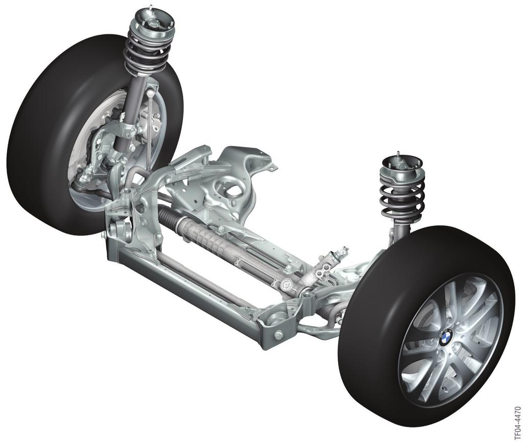 System components Vehicle Chassis, Suspension and Dynamic Driving Systems E87 E87 Front axle Double pivot spring strut axle Although a tension strut version of the double pivot spring strut axle has