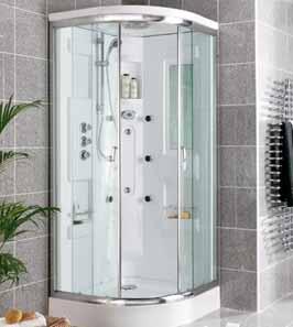 Quadrant Shower Cabin with Roof & Monsoon Head 217-117 H: 2150 W: 900 D: 900mm Opaque glass back panels and roof Four body jets 6mm toughened glass (Please allow 2300mm height for clearance) Single
