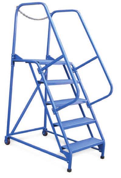 7"D steps; 24"Wx21"D top step. 4" hard rubber wheels mounted on the rear legs. Color: blue. Made in USA. Specify tread: (01) Perforated, (02) Grip-Strut. Cap. Lbs.