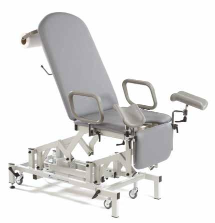All models feature a crescent shaped seat design and are supplied with fully adjustable leg supports, paper roll holder, side support loops and debris tray for gynaecology procedures.