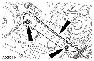 43. NOTE: RH shown, LH similar. Remove the LH and RH timing chain guides. Remove the 2 bolts. Remove both timing chain guides. 44.
